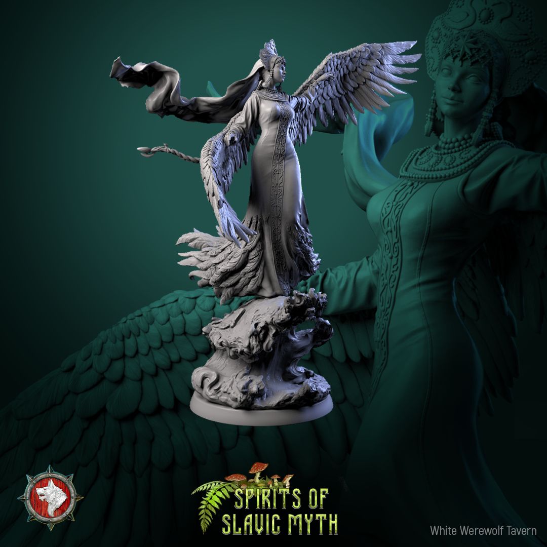 Render of The Swan Princess | 32-75mm Slavic Folklore Miniature: Winged swan maiden in kokoshnik crown and feathered gown over waves, from White Werewolf's Spirits of Slavic Myth. 32-75mm 3D printed resin miniature.