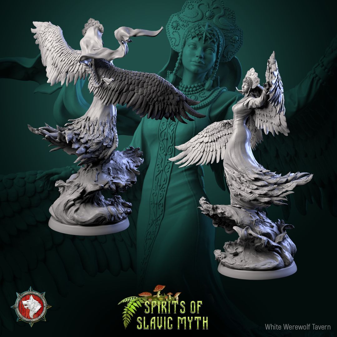Render of The Swan Princess | 32-75mm Slavic Folklore Miniature: Winged swan maiden in kokoshnik crown and feathered gown over waves, from White Werewolf's Spirits of Slavic Myth. 32-75mm 3D printed resin miniature.