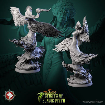 Render of The Swan Princess | 32-75mm Slavic Folklore Miniature: Winged swan maiden in kokoshnik crown and feathered gown over waves, from White Werewolf's Spirits of Slavic Myth. 32-75mm 3D printed resin miniature.