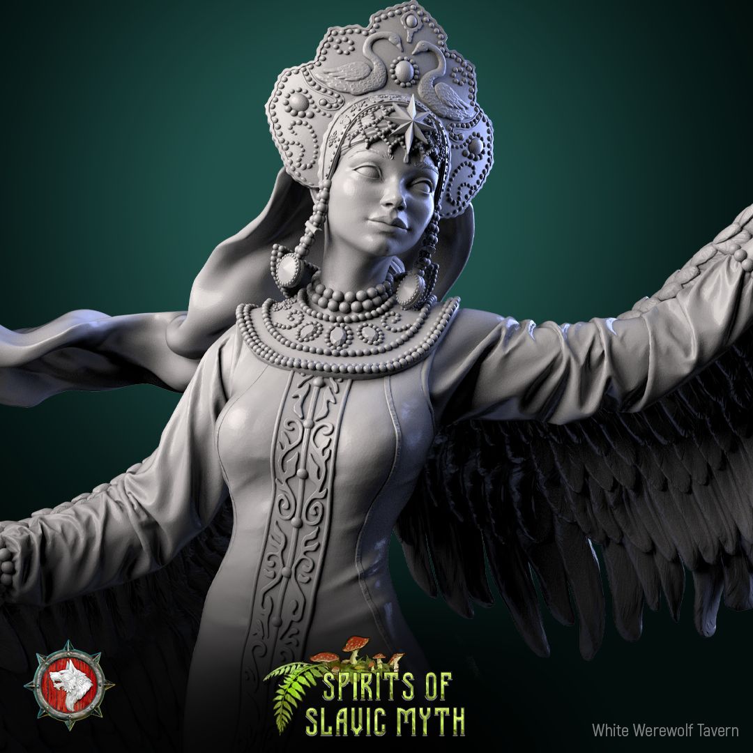 Render of The Swan Princess | 32-75mm Slavic Folklore Miniature: Winged swan maiden in kokoshnik crown and feathered gown over waves, from White Werewolf's Spirits of Slavic Myth. 32-75mm 3D printed resin miniature.
