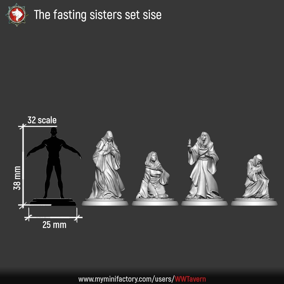 The Fasting Sisters size chart, shown at 32mm scale on 25mm round bases.