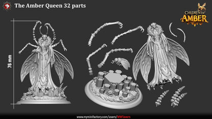 Render of The Amber Queen | 32-75mm Fantasy Insect Queen Miniature: Fey insect hive queen with chitin limbs, wasp wings, and a flowing gown, from White Werewolf's Children of Amber. 32mm and 75mm 3D printed resin centerpiece.