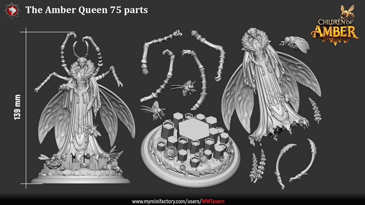 Render of The Amber Queen | 32-75mm Fantasy Insect Queen Miniature: Fey insect hive queen with chitin limbs, wasp wings, and a flowing gown, from White Werewolf's Children of Amber. 32mm and 75mm 3D printed resin centerpiece.