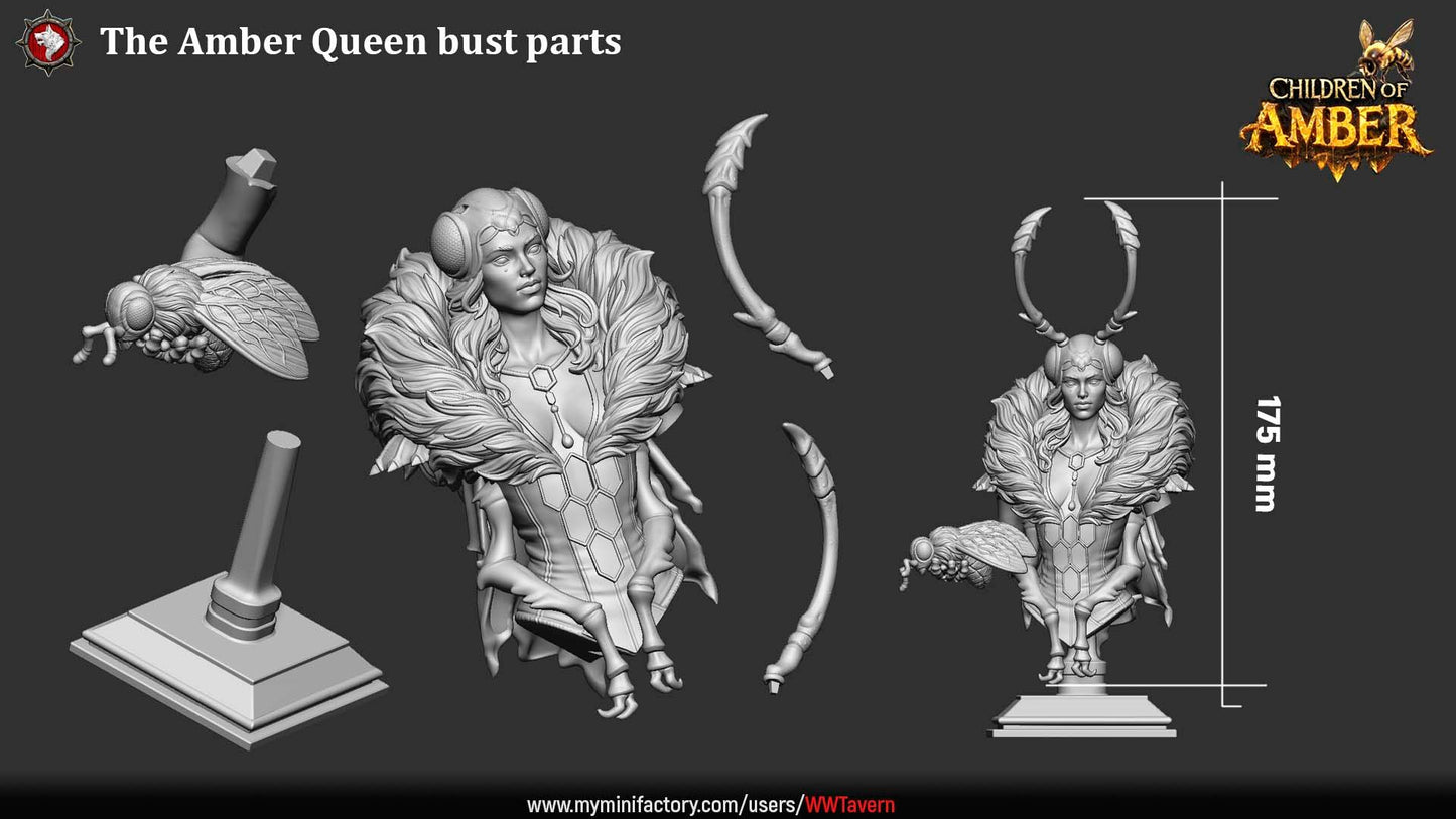 Render of The Amber Queen Bust | Fantasy Insect Queen Display Bust: A display bust of the fey insect hive queen from White Werewolf's Children of Amber, with antennae and fur mantle. Dark-fantasy 3D printed resin bust.