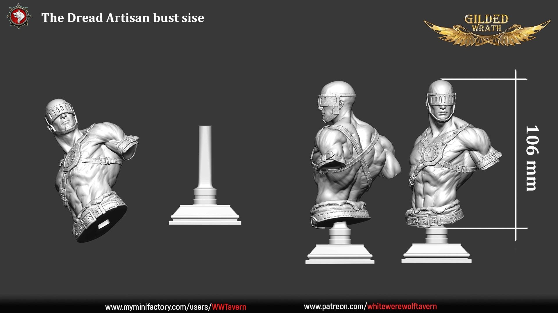 Render of The Dread Artisan Bust | Blind Smith Collector Bust: Slab-helmed blind smith bust with sun-disc harness, from White Werewolf's Gilded Wrath. 3D printed resin collector bust with stand.
