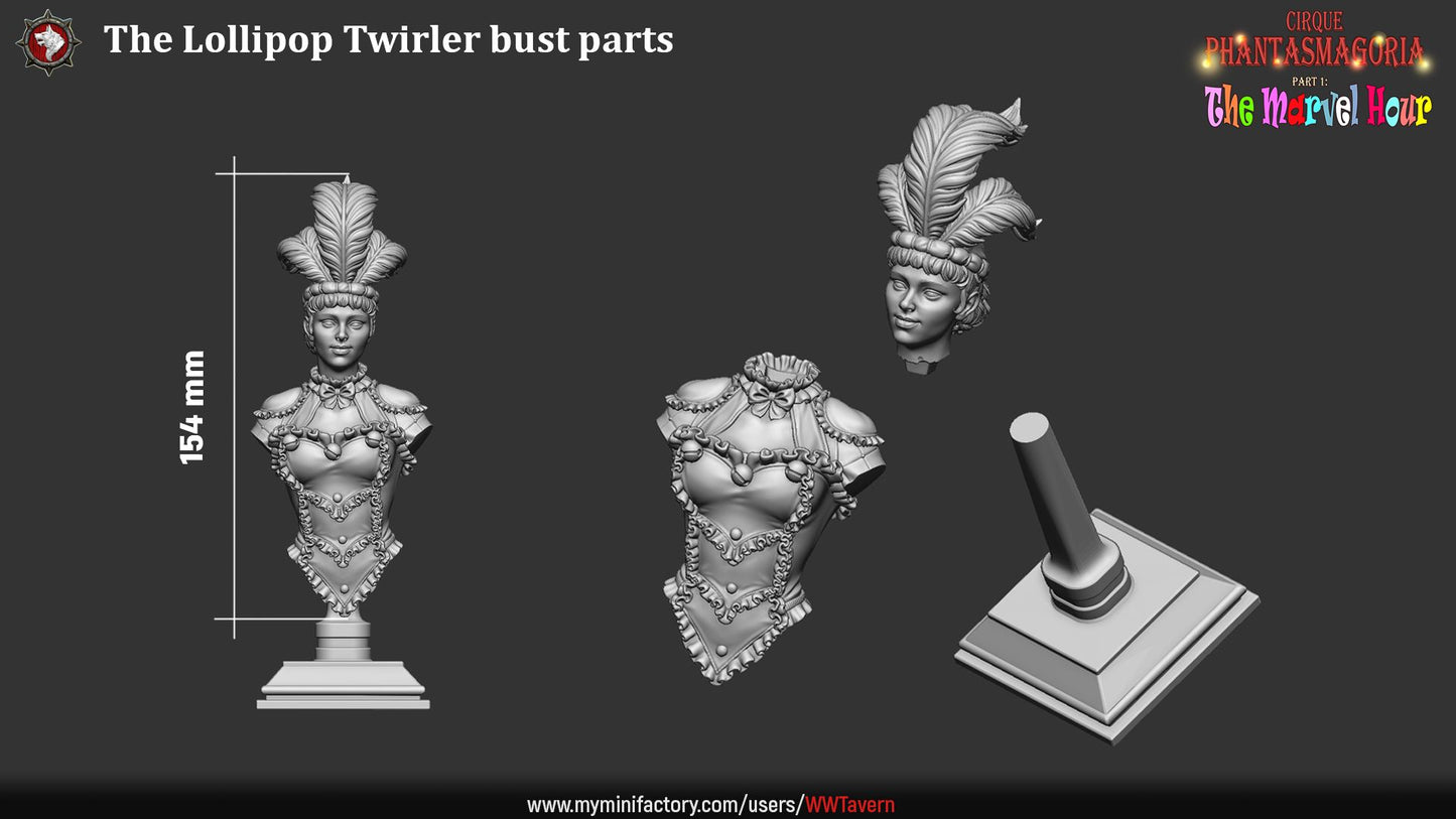 Render of The Lollipop Twirler Bust | Circus Acrobat Collector Bust: Feather-crowned circus acrobat bust with ruffled collar, from White Werewolf's The Marvel Hour dark carnival. 3D printed resin collector bust.