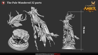 Render of The Pale Wanderer | 32-75mm Fantasy Deer Centaur Fey Miniature: Ethereal female deer-centaur forest spirit with antlers and a butterfly headdress, from White Werewolf's Children of Amber. 32-75mm 3D printed resin.