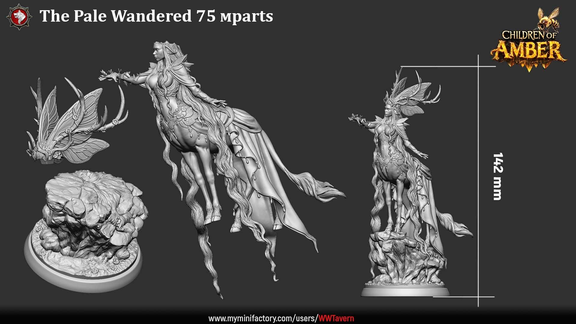Render of The Pale Wanderer | 32-75mm Fantasy Deer Centaur Fey Miniature: Ethereal female deer-centaur forest spirit with antlers and a butterfly headdress, from White Werewolf's Children of Amber. 32-75mm 3D printed resin.