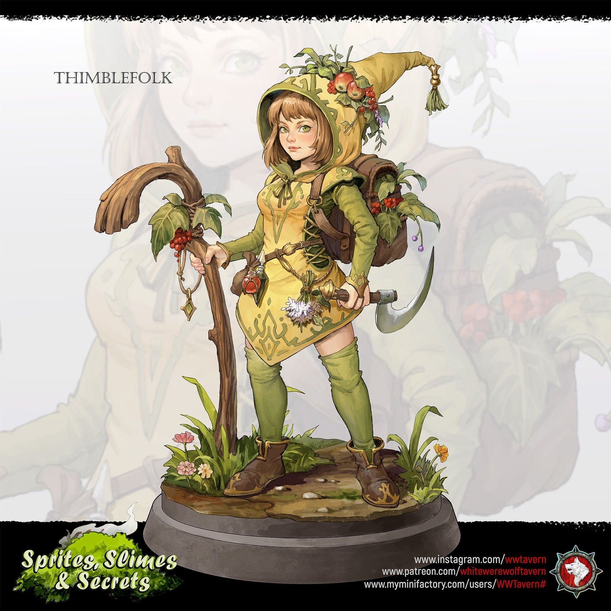 Render of Thimblefolk | 32mm Halfling Gleaner Miniatures: Six hooded halfling gleaners with sickles and flower baskets, from White Werewolf's Sprites, Slimes and Secrets. 32mm 3D printed resin, single or set.