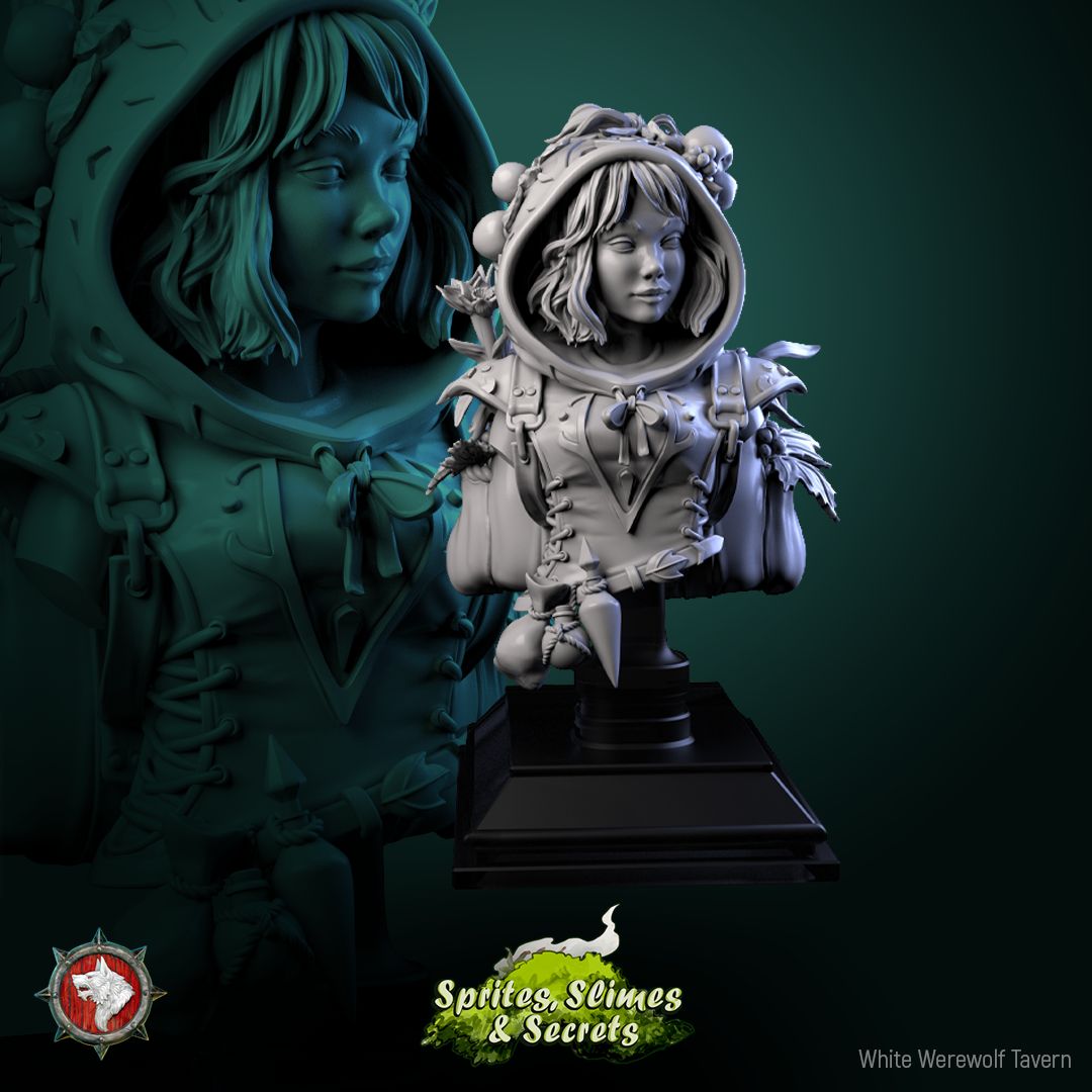 Render of Thimblefolk Bust | Halfling Gleaner Collector Bust: Hooded halfling gleaner bust with flower-trimmed hood, from White Werewolf's Sprites, Slimes and Secrets. 3D printed resin collector bust with stand.