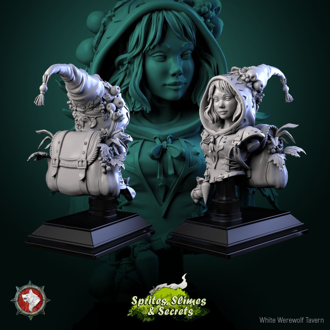 Render of Thimblefolk Bust | Halfling Gleaner Collector Bust: Hooded halfling gleaner bust with flower-trimmed hood, from White Werewolf's Sprites, Slimes and Secrets. 3D printed resin collector bust with stand.