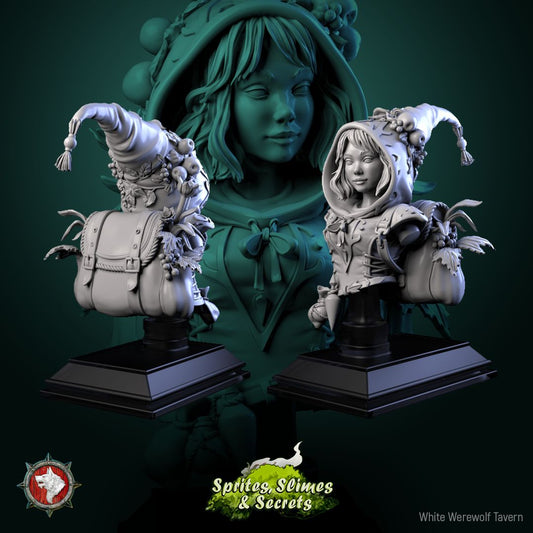 Render of Thimblefolk Bust | Halfling Gleaner Collector Bust: Hooded halfling gleaner bust with flower-trimmed hood, from White Werewolf's Sprites, Slimes and Secrets. 3D printed resin collector bust with stand.