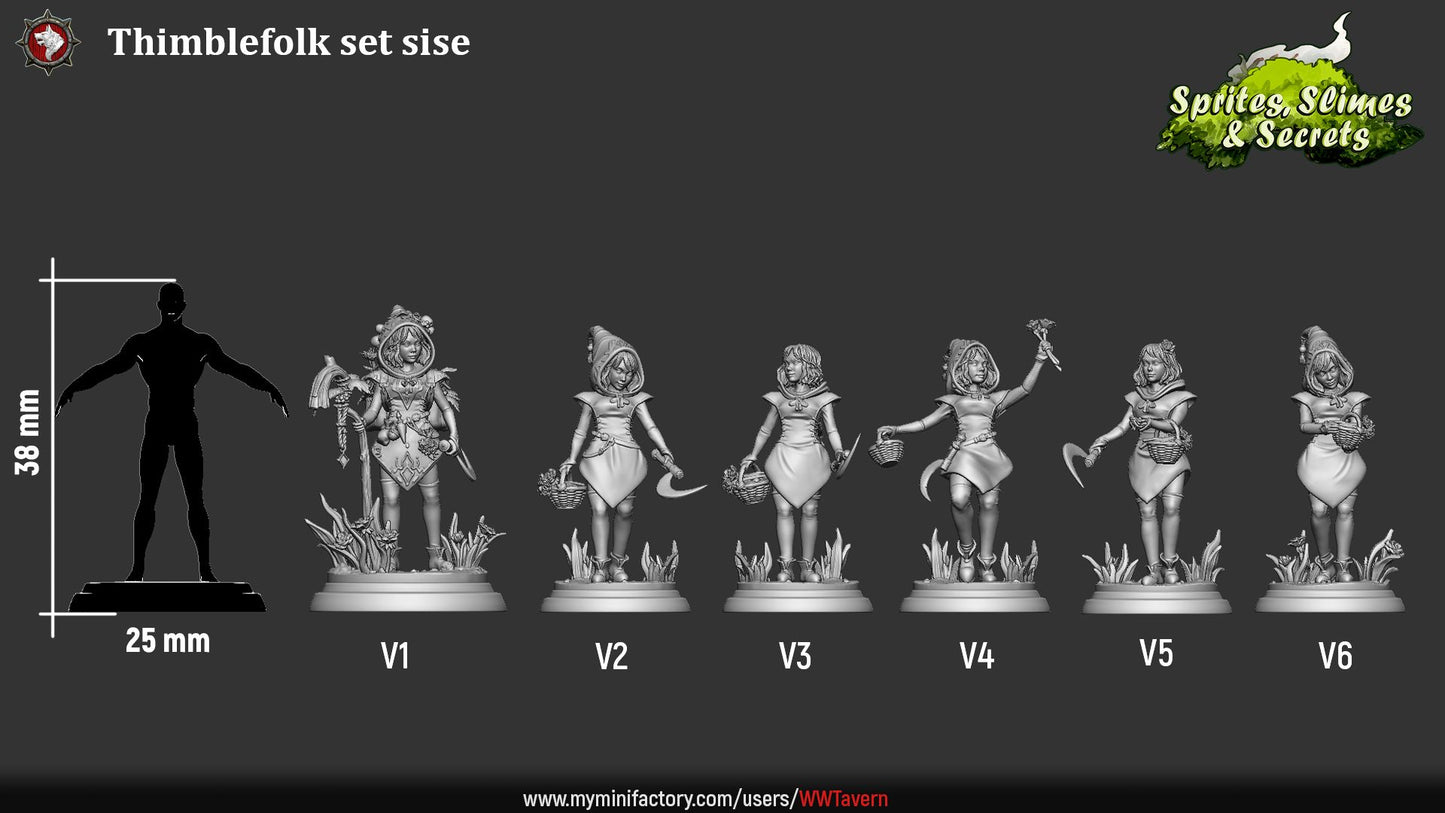 Render of Thimblefolk | 32mm Halfling Gleaner Miniatures: Six hooded halfling gleaners with sickles and flower baskets, from White Werewolf's Sprites, Slimes and Secrets. 32mm 3D printed resin, single or set.