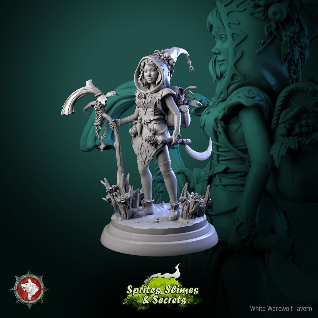 Render of Thimblefolk Display Model | 75mm Halfling Gleaner: Hooded halfling gleaner with sickle and flower basket, from White Werewolf's Sprites, Slimes and Secrets. 75mm 3D printed resin display model.