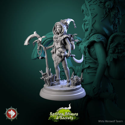 Render of Thimblefolk Display Model | 75mm Halfling Gleaner: Hooded halfling gleaner with sickle and flower basket, from White Werewolf's Sprites, Slimes and Secrets. 75mm 3D printed resin display model.