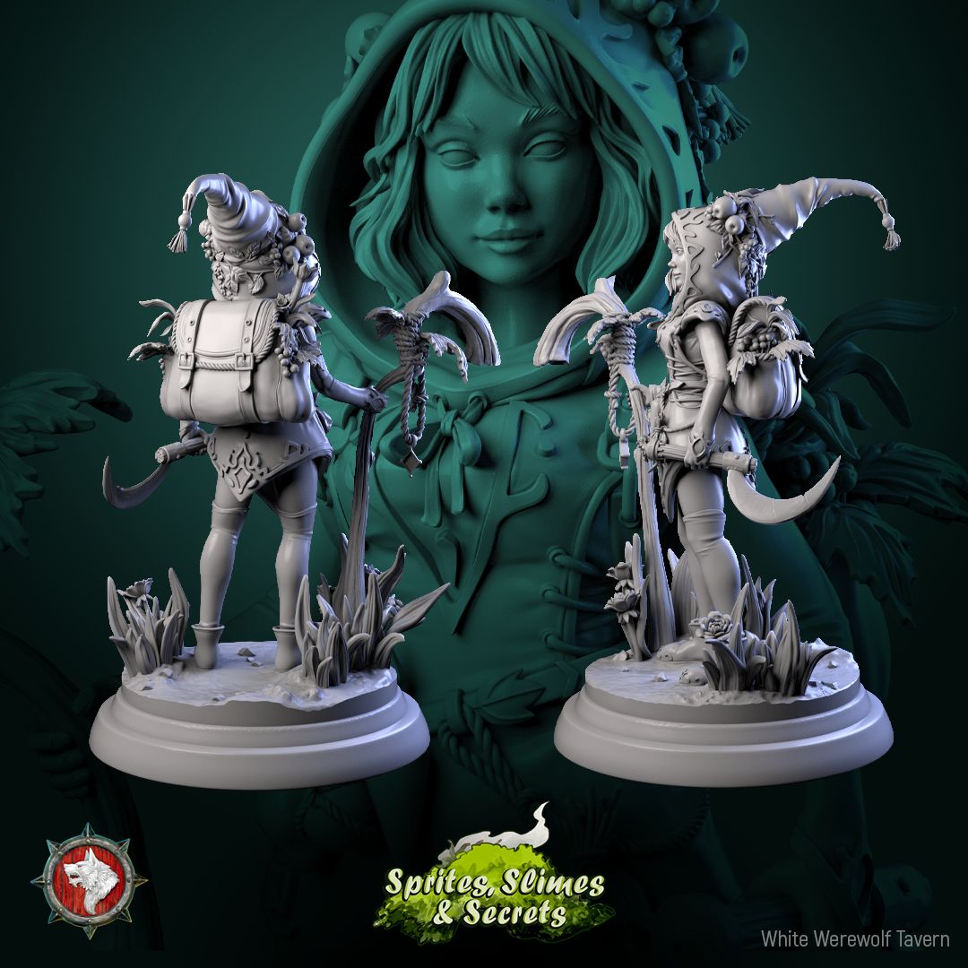 Render of Thimblefolk Display Model | 75mm Halfling Gleaner: Hooded halfling gleaner with sickle and flower basket, from White Werewolf's Sprites, Slimes and Secrets. 75mm 3D printed resin display model.