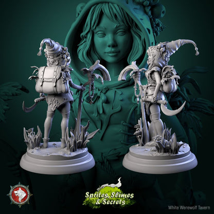Render of Thimblefolk Display Model | 75mm Halfling Gleaner: Hooded halfling gleaner with sickle and flower basket, from White Werewolf's Sprites, Slimes and Secrets. 75mm 3D printed resin display model.