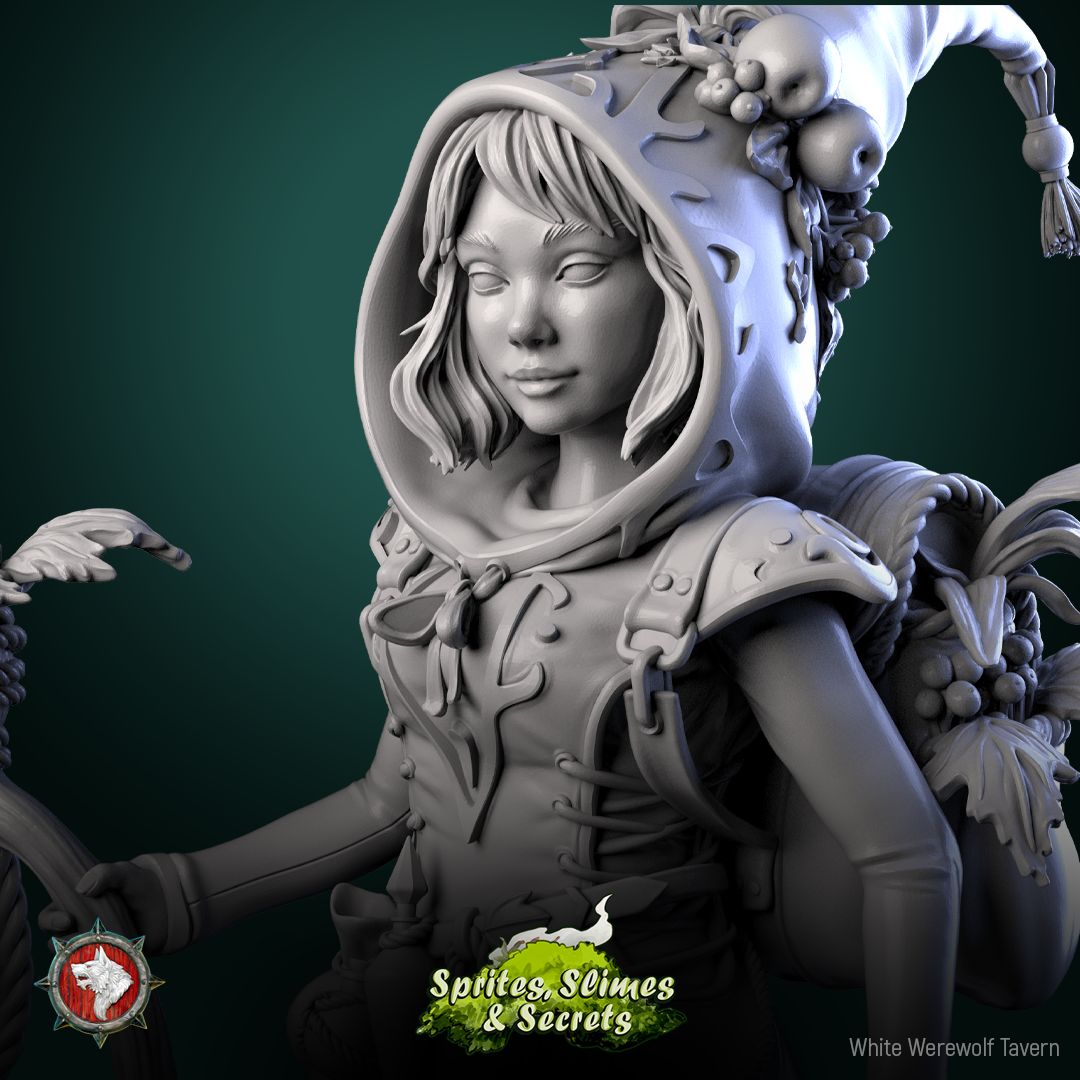 Render of Thimblefolk Display Model | 75mm Halfling Gleaner: Hooded halfling gleaner with sickle and flower basket, from White Werewolf's Sprites, Slimes and Secrets. 75mm 3D printed resin display model.