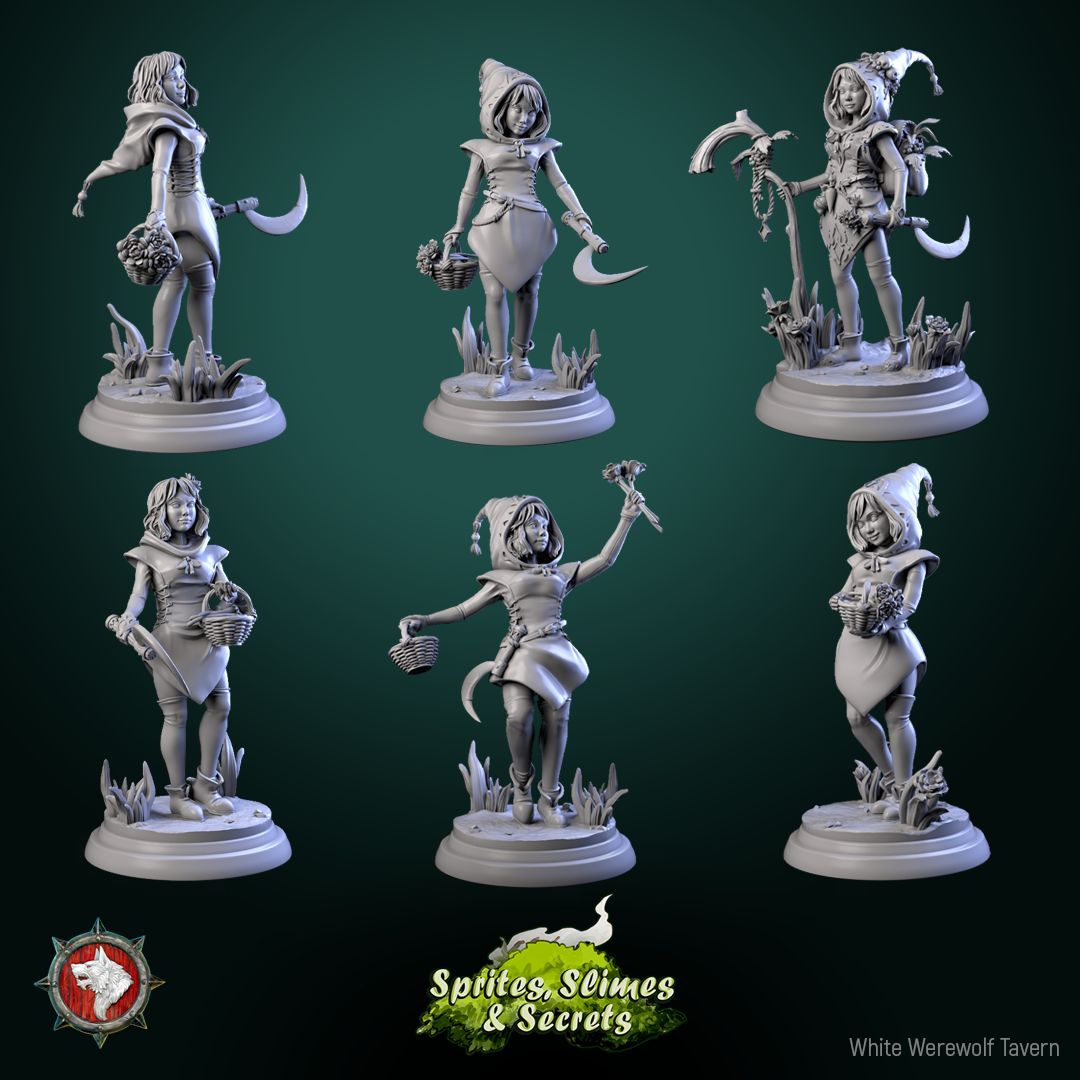 Render of Thimblefolk | 32mm Halfling Gleaner Miniatures: Six hooded halfling gleaners with sickles and flower baskets, from White Werewolf's Sprites, Slimes and Secrets. 32mm 3D printed resin, single or set.