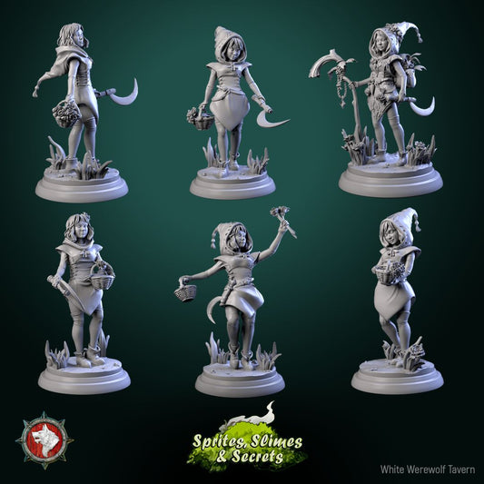 Render of Thimblefolk | 32mm Halfling Gleaner Miniatures: Six hooded halfling gleaners with sickles and flower baskets, from White Werewolf's Sprites, Slimes and Secrets. 32mm 3D printed resin, single or set.