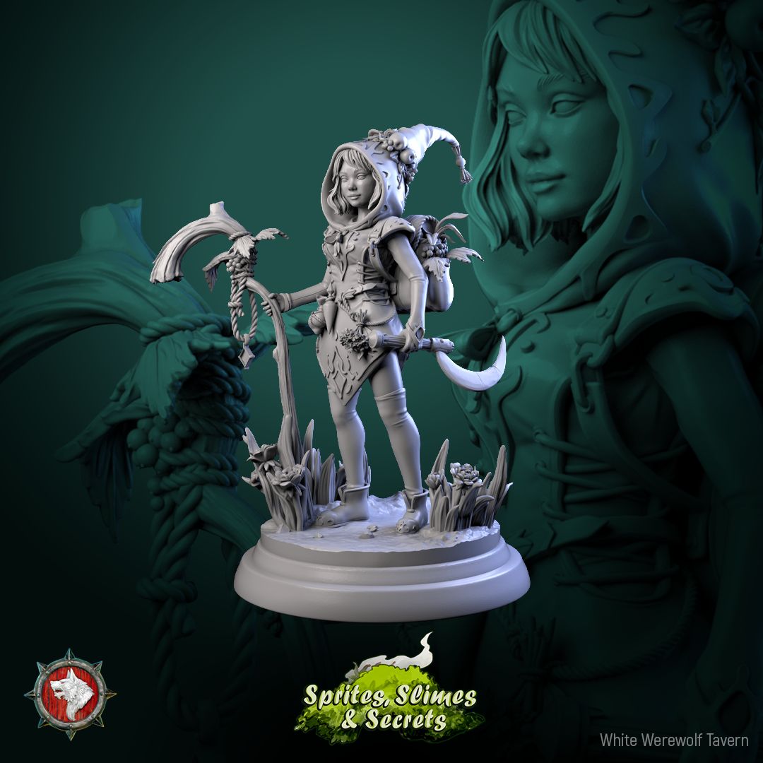 Render of Thimblefolk | 32mm Halfling Gleaner Miniatures: Six hooded halfling gleaners with sickles and flower baskets, from White Werewolf's Sprites, Slimes and Secrets. 32mm 3D printed resin, single or set.