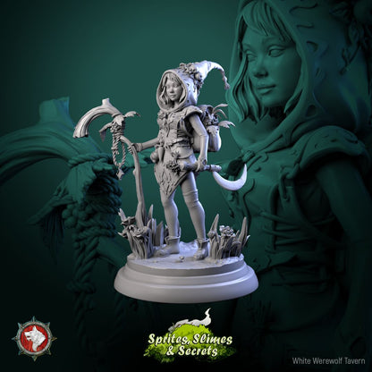 Render of Thimblefolk | 32mm Halfling Gleaner Miniatures: Six hooded halfling gleaners with sickles and flower baskets, from White Werewolf's Sprites, Slimes and Secrets. 32mm 3D printed resin, single or set.