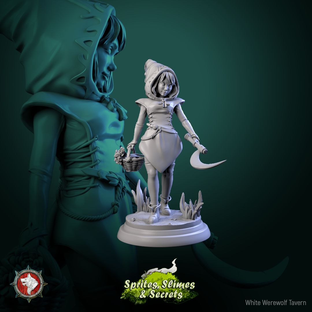 Render of Thimblefolk | 32mm Halfling Gleaner Miniatures: Six hooded halfling gleaners with sickles and flower baskets, from White Werewolf's Sprites, Slimes and Secrets. 32mm 3D printed resin, single or set.