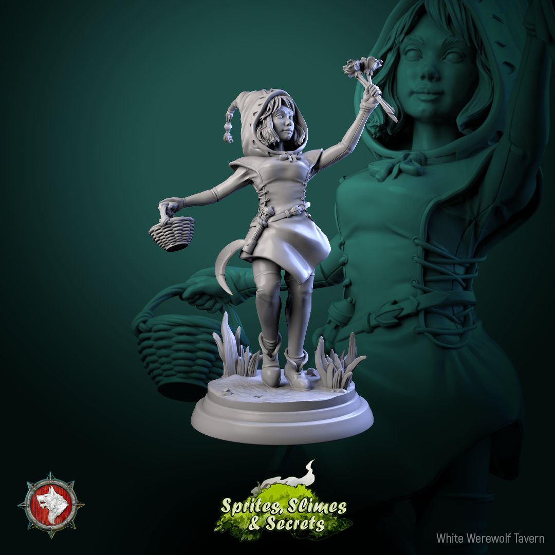 Render of Thimblefolk | 32mm Halfling Gleaner Miniatures: Six hooded halfling gleaners with sickles and flower baskets, from White Werewolf's Sprites, Slimes and Secrets. 32mm 3D printed resin, single or set.