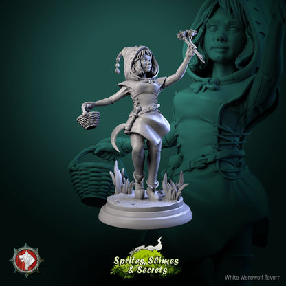 Render of Thimblefolk | 32mm Halfling Gleaner Miniatures: Six hooded halfling gleaners with sickles and flower baskets, from White Werewolf's Sprites, Slimes and Secrets. 32mm 3D printed resin, single or set.