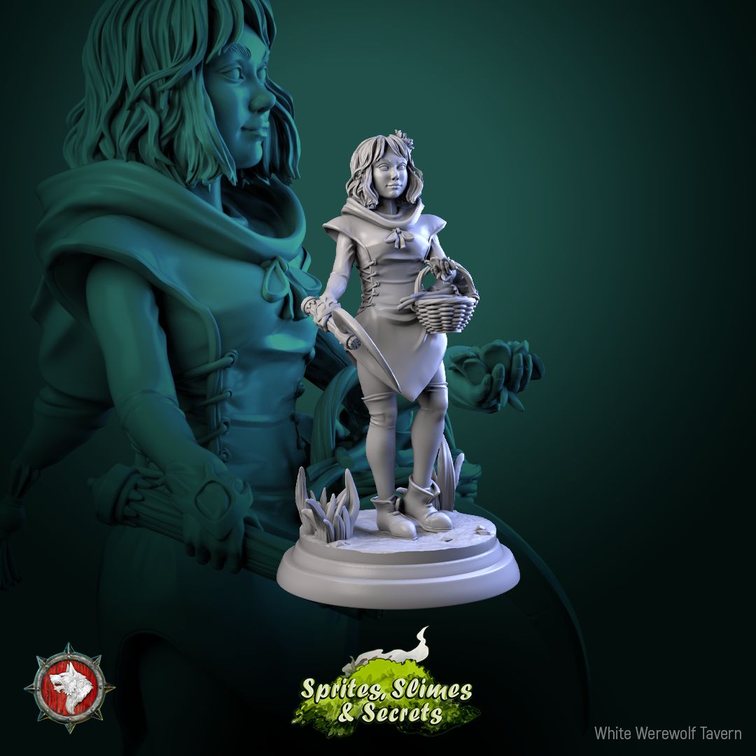 Render of Thimblefolk | 32mm Halfling Gleaner Miniatures: Six hooded halfling gleaners with sickles and flower baskets, from White Werewolf's Sprites, Slimes and Secrets. 32mm 3D printed resin, single or set.