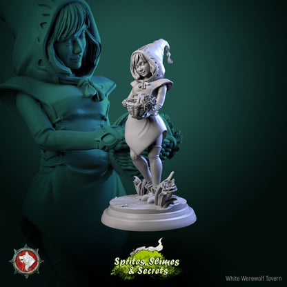 Render of Thimblefolk | 32mm Halfling Gleaner Miniatures: Six hooded halfling gleaners with sickles and flower baskets, from White Werewolf's Sprites, Slimes and Secrets. 32mm 3D printed resin, single or set.