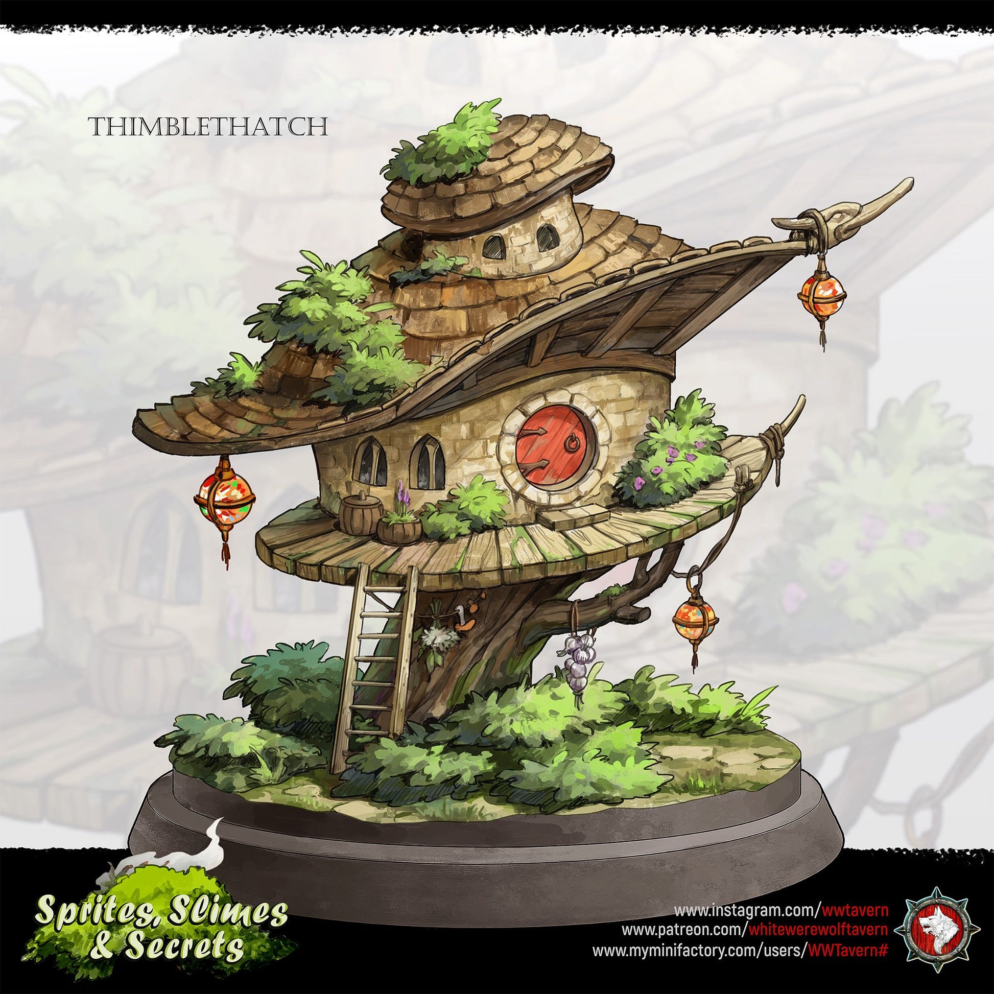 Render of Thimblethatch | Thimblefolk Tower House Terrain: Mushroom-cap thimblefolk tower with thatched hat roofs, deck, and ladder, from White Werewolf's Sprites, Slimes and Secrets. 3D printed resin terrain.