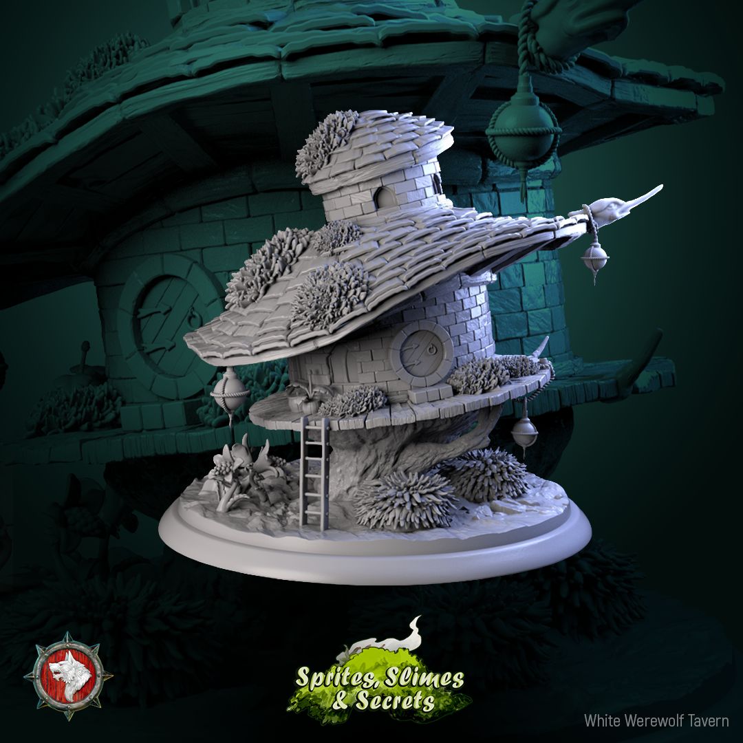 Render of Thimblethatch | Thimblefolk Tower House Terrain: Mushroom-cap thimblefolk tower with thatched hat roofs, deck, and ladder, from White Werewolf's Sprites, Slimes and Secrets. 3D printed resin terrain.