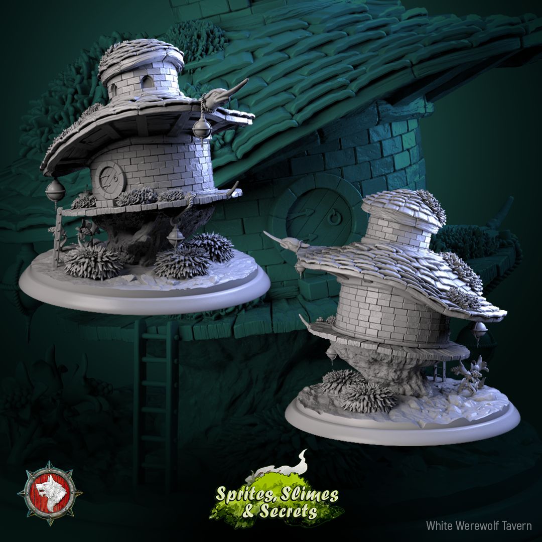 Render of Thimblethatch | Thimblefolk Tower House Terrain: Mushroom-cap thimblefolk tower with thatched hat roofs, deck, and ladder, from White Werewolf's Sprites, Slimes and Secrets. 3D printed resin terrain.