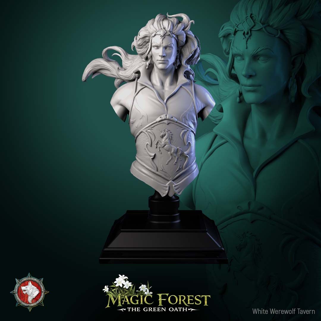 Render of Torven Vinehoof Bust | Centaur Lord Collector Bust: Crowned centaur lord bust with windswept mane and unicorn-crest breastplate, from White Werewolf's Magic Forest: The Green Oath. 3D printed resin bust.