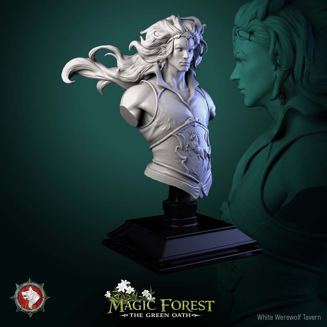 Render of Torven Vinehoof Bust | Centaur Lord Collector Bust: Crowned centaur lord bust with windswept mane and unicorn-crest breastplate, from White Werewolf's Magic Forest: The Green Oath. 3D printed resin bust.