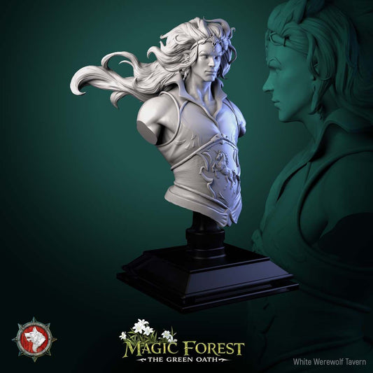 Render of Torven Vinehoof Bust | Centaur Lord Collector Bust: Crowned centaur lord bust with windswept mane and unicorn-crest breastplate, from White Werewolf's Magic Forest: The Green Oath. 3D printed resin bust.