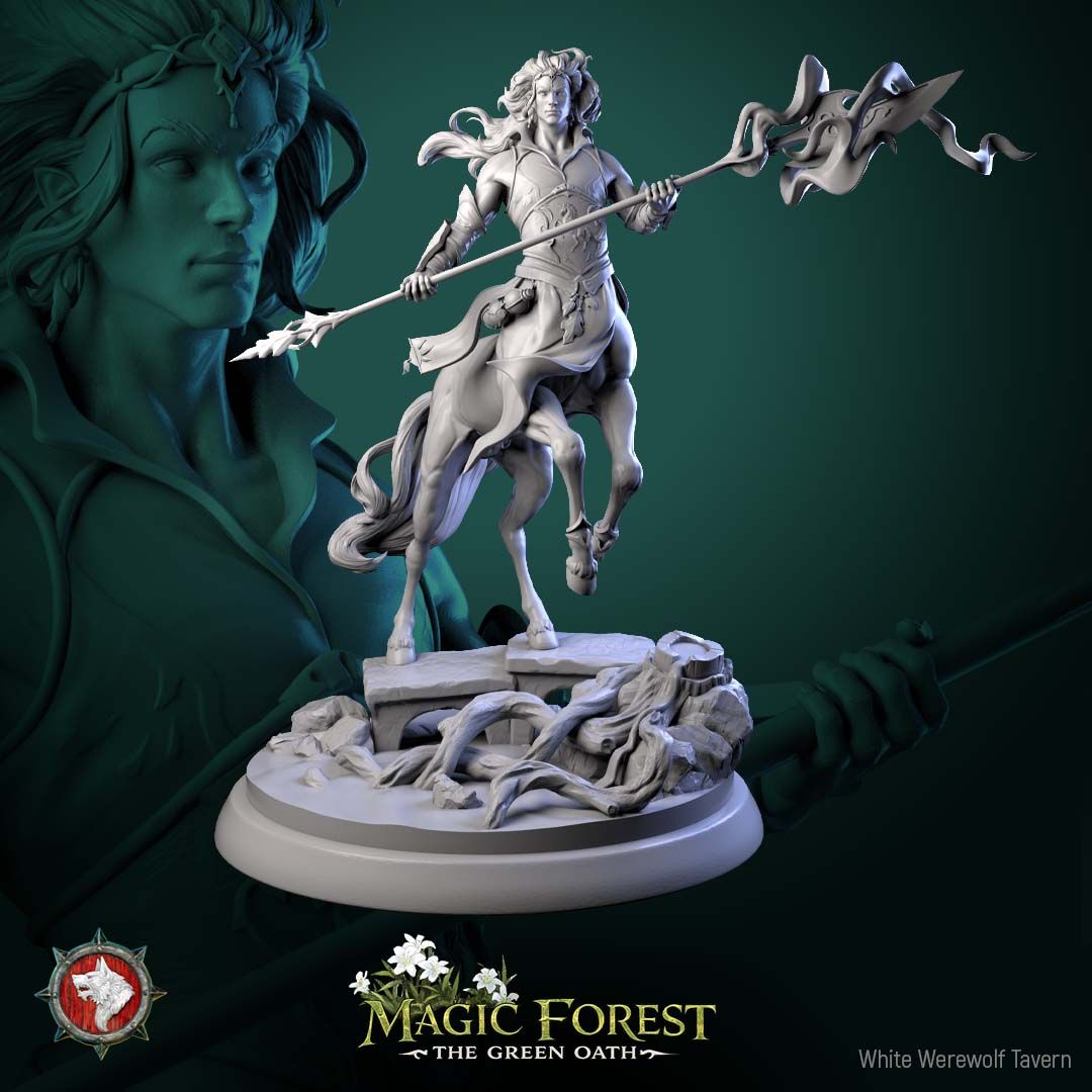 Render of Torven Vinehoof | 32-75mm Centaur Lord Miniature: Crowned male centaur lord with a ribboned glaive over ruined flagstones, from White Werewolf's Magic Forest: The Green Oath. 32-75mm 3D printed resin.