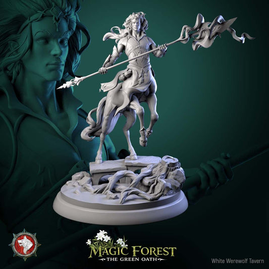 Render of Torven Vinehoof | 32-75mm Centaur Lord Miniature: Crowned male centaur lord with a ribboned glaive over ruined flagstones, from White Werewolf's Magic Forest: The Green Oath. 32-75mm 3D printed resin.