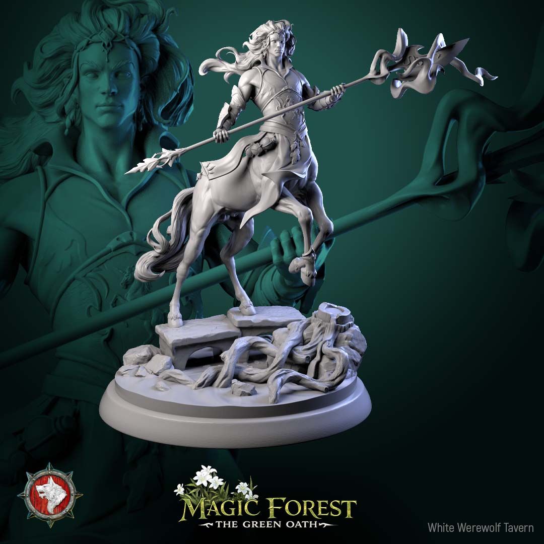 Render of Torven Vinehoof | 32-75mm Centaur Lord Miniature: Crowned male centaur lord with a ribboned glaive over ruined flagstones, from White Werewolf's Magic Forest: The Green Oath. 32-75mm 3D printed resin.