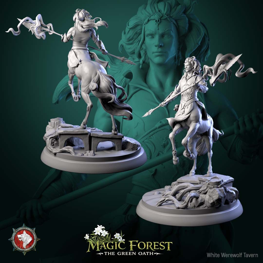 Render of Torven Vinehoof | 32-75mm Centaur Lord Miniature: Crowned male centaur lord with a ribboned glaive over ruined flagstones, from White Werewolf's Magic Forest: The Green Oath. 32-75mm 3D printed resin.