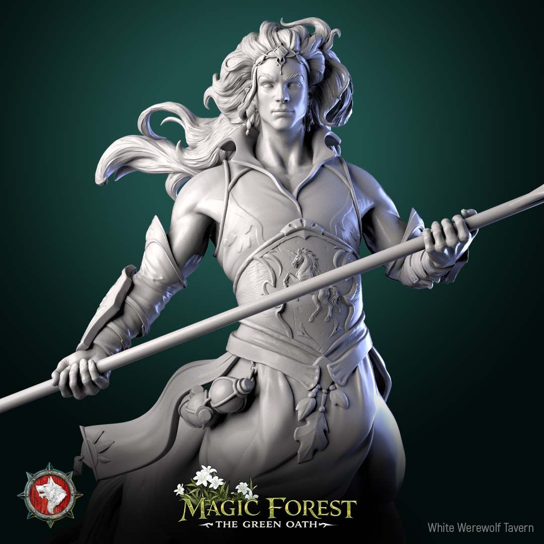 Render of Torven Vinehoof | 32-75mm Centaur Lord Miniature: Crowned male centaur lord with a ribboned glaive over ruined flagstones, from White Werewolf's Magic Forest: The Green Oath. 32-75mm 3D printed resin.