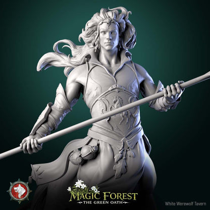 Render of Torven Vinehoof | 32-75mm Centaur Lord Miniature: Crowned male centaur lord with a ribboned glaive over ruined flagstones, from White Werewolf's Magic Forest: The Green Oath. 32-75mm 3D printed resin.