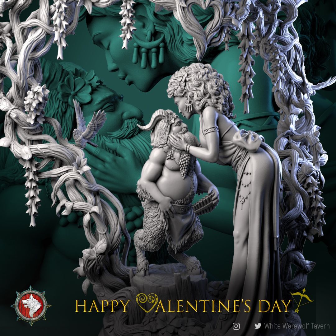 Render of Valentine's Day Gift 2025 | 32-75mm Satyr & Nymph Diorama: Satyr and nymph beneath a heart-shaped vine arch with songbirds, from White Werewolf's 2025 Valentine release. 32-75mm 3D printed resin centerpiece.