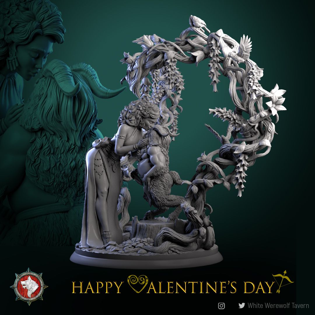 Render of Valentine's Day Gift 2025 | 32-75mm Satyr & Nymph Diorama: Satyr and nymph beneath a heart-shaped vine arch with songbirds, from White Werewolf's 2025 Valentine release. 32-75mm 3D printed resin centerpiece.