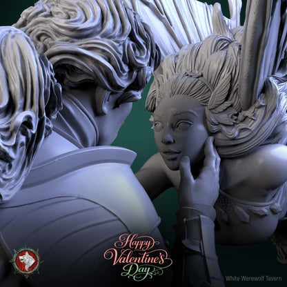 Render of Valentine's Day Gift Diorama | 32-75mm Knight and Fairy: A knight and a butterfly-winged fairy display diorama on a flowered meadow round, from White Werewolf's Magic Forest. 32-75mm 3D printed resin display piece.