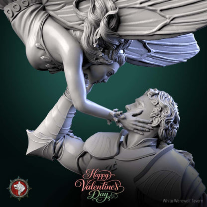 Render of Valentine's Day Gift Diorama | 32-75mm Knight and Fairy: A knight and a butterfly-winged fairy display diorama on a flowered meadow round, from White Werewolf's Magic Forest. 32-75mm 3D printed resin display piece.
