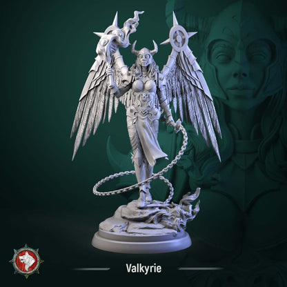 Render of Valkyrie | 32-75mm Fantasy Female Winged Warrior Miniature: Winged female warrior with a flaming brand and chained blade, from White Werewolf's Sacred Few release. 32mm and 75mm 3D printed resin miniature.