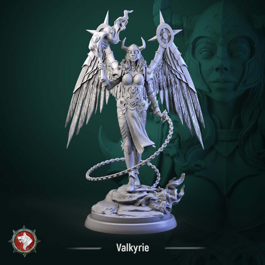 Render of Valkyrie | 32-75mm Fantasy Female Winged Warrior Miniature: Winged female warrior with a flaming brand and chained blade, from White Werewolf's Sacred Few release. 32mm and 75mm 3D printed resin miniature.