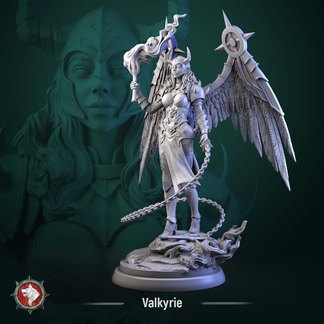 Render of Valkyrie | 32-75mm Fantasy Female Winged Warrior Miniature: Winged female warrior with a flaming brand and chained blade, from White Werewolf's Sacred Few release. 32mm and 75mm 3D printed resin miniature.